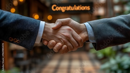 Celebratory Handshake with Congratulatory Sign in Background