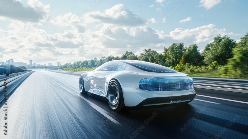 A sleek hydrogen-powered car driving on a highway surrounded by nature, with zero emissions A sleek hydrogen-powered car driving on a highway surrounded by nature, with zero emissions