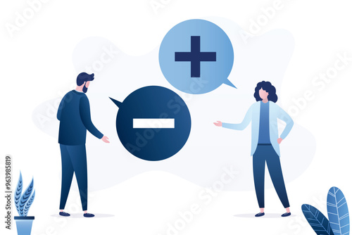 Man and woman talking, speech bubbles. Business people with positive and negative thinking speech bubble, bad and good thoughts, mood. Pessimist and optimist concept.