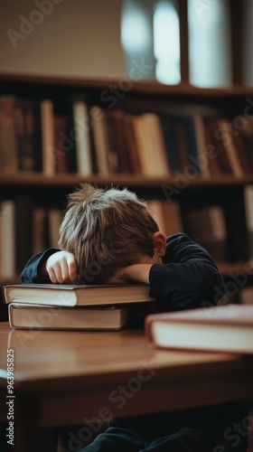 Tired boy resting his head on books at a table