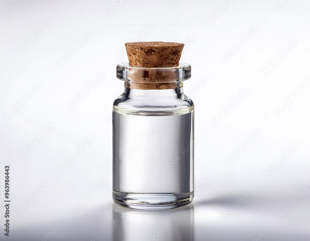 A miniature glass vial with a cork stopper, displayed on a white background A miniature glass vial with a cork stopper, displayed on a white background
