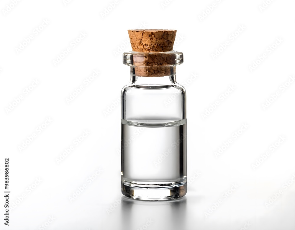 A miniature glass vial with a cork stopper, displayed on a white background A miniature glass vial with a cork stopper, displayed on a white background