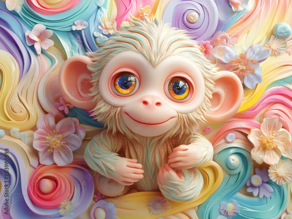 Enchanting 3D Whimsical Monkey Surrounded by Vibrant Pastel Waves and Flowers | Elegant Claymation Style Animation Artwork Enchanting 3D Whimsical Monkey Surrounded by Vibrant Pastel Waves and Flowers | Elegant Claymation Style Animation Artwork