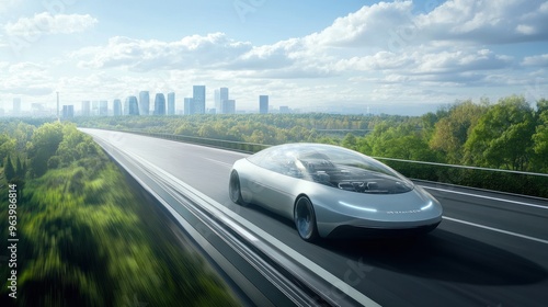 A sleek hydrogen-powered car driving on a highway surrounded by nature, with zero emissions