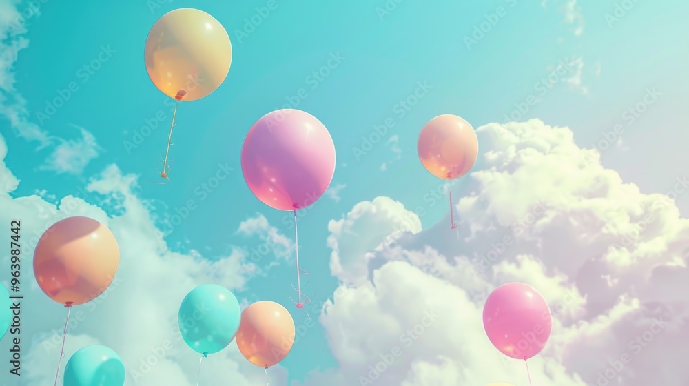 Colorful balloons floating in soft pastel sky background. Whimsical and dreamy concept. Fantasy and imagination idea. Colorful balloons floating in soft pastel sky background. Whimsical and dreamy concept. Fantasy and imagination idea.