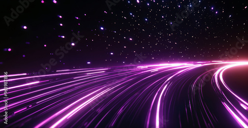 Curved purple light streaks with scattered stars in space. Sci-fi space travel and warp speed concept. High quality photo