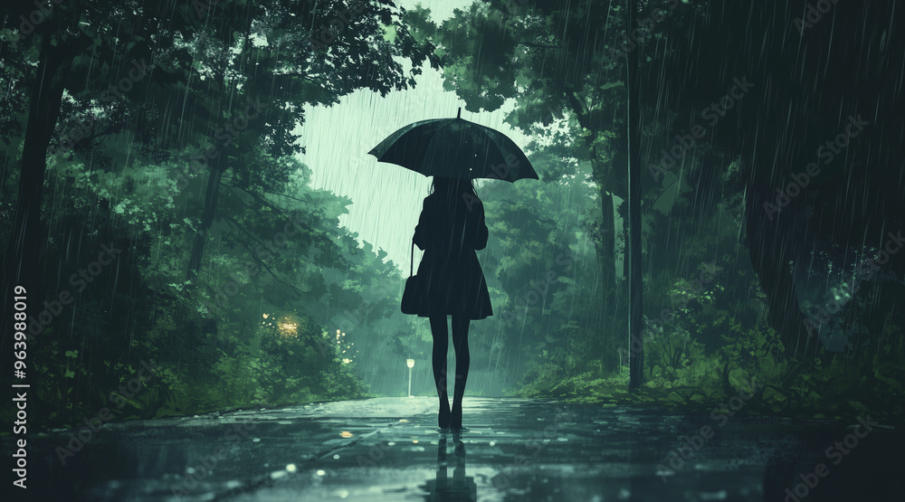Lonely anime style girl holding umbrella and standing, walking in the forest by the roadside in the rain, back view. Relaxing atmosphere, jazz, coffee, music, animated desktop wallpaper background Lonely anime style girl holding umbrella and standing, walking in the forest by the roadside in the rain, back view. Relaxing atmosphere, jazz, coffee, music, animated desktop wallpaper background