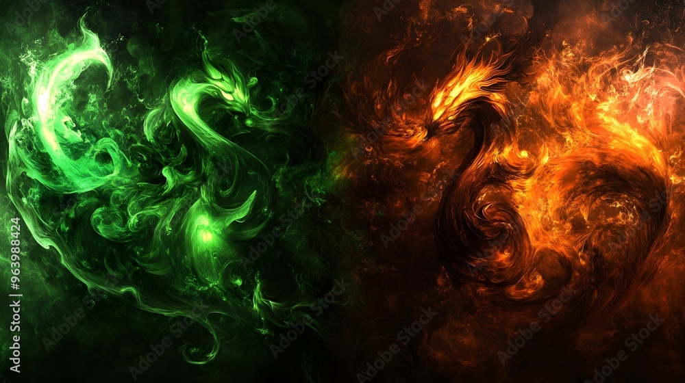 Abstract Green and Orange Swirling Smoke Dragons Abstract Green and Orange Swirling Smoke Dragons