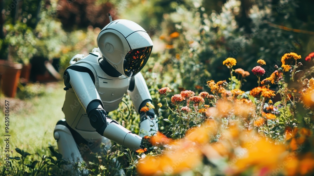Futuristic Robot Gardening in a Lush Flower Garden on a Sunny Day Futuristic Robot Gardening in a Lush Flower Garden on a Sunny Day