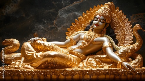 Ethereal Vishnu Reclining on Ananta Serpent with Radiant Aura in Traditional Thai Depiction