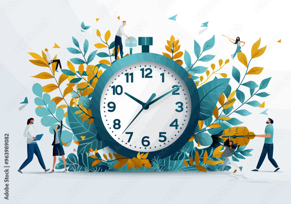 Business Team Working Under Time Pressure with Giant Clock in Minimalistic Vector Illustration, Representing Time Management and Teamwork During Daytime Business Team Working Under Time Pressure with Giant Clock in Minimalistic Vector Illustration, Representing Time Management and Teamwork During Daytime