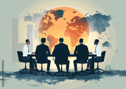 Business Leaders in Meeting Discussing Global Strategy with World Map in Background - Minimalist Vector Illustration