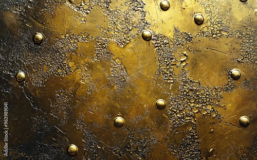 Textured Metallic Surface with Rivets: A Study in Gold and Black photo