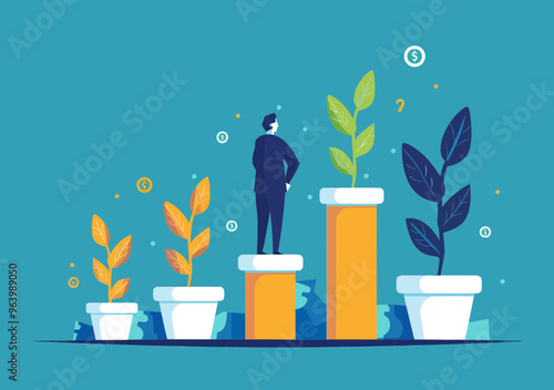 Business Growth and Investment Management Concept with People and Plants in Minimalistic Vector Illustration