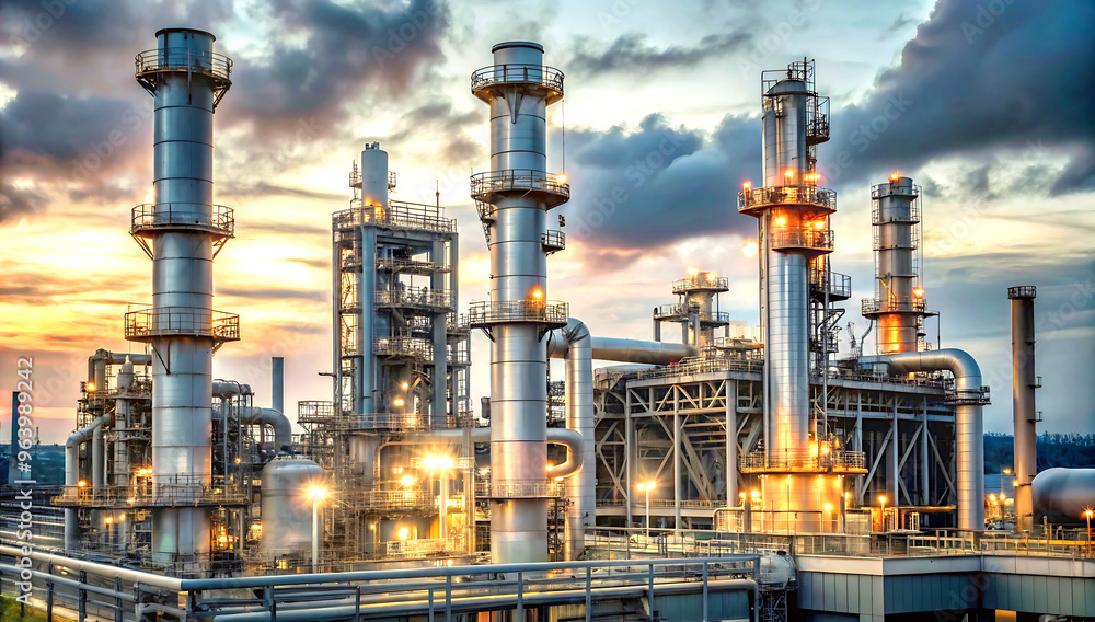 A large oil refinery or chemical plant includes multiple tall, cylindrical towers and interconnected pipes, with a complex network of metal structures and platforms A large oil refinery or chemical plant includes multiple tall, cylindrical towers and interconnected pipes, with a complex network of metal structures and platforms