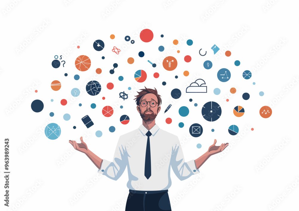 Businessman Juggling Multiple Tasks and Risk Control Icons Vector Illustration in Minimalistic Style, Concept of Multitasking, Workflow Management, Business Efficiency and Perfection Businessman Juggling Multiple Tasks and Risk Control Icons Vector Illustration in Minimalistic Style, Concept of Multitasking, Workflow Management, Business Efficiency and Perfection