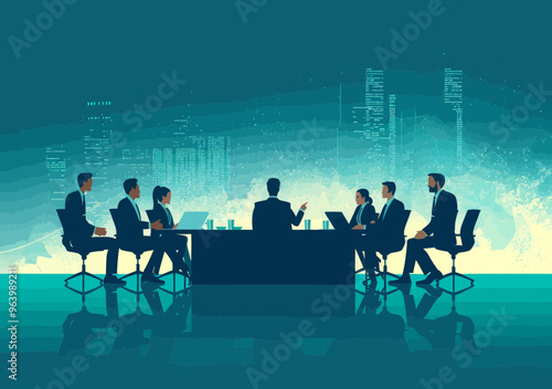 Business team meeting illustration with manager pointing at text, team members sit around a table discussing projects in a modern office setting, ideal for presentations and corporate concepts