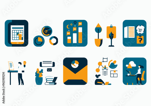 Minimalistic Business Operations Concepts Including Financial Audit, Time Management, Contract Signing, Cloud Work, Assistants, and Goal Setting in Modern Vector Illustration Set