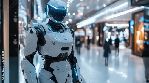 Wallpaper Mural Futuristic Robot in Modern Shopping Mall with Shoppers in Background, Advanced Technology and AI Concept Torontodigital.ca
