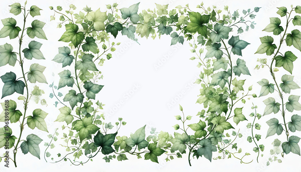 Fototapeta premium A light and airy watercolor illustration of a rectangular frame made of delicate green ivy leaves and vines