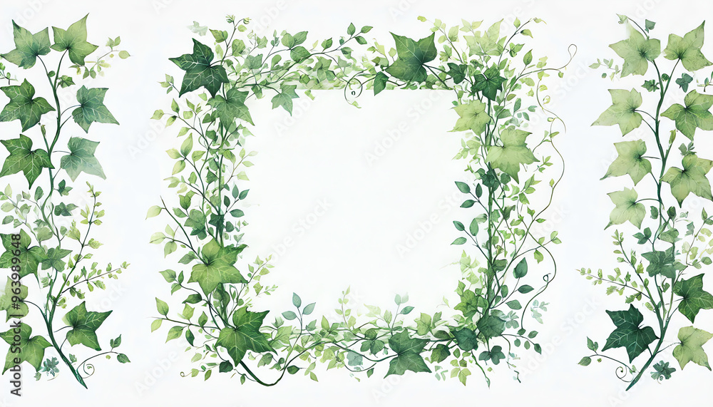 A light and airy watercolor illustration of a rectangular frame made of delicate green ivy leaves and vines A light and airy watercolor illustration of a rectangular frame made of delicate green ivy leaves and vines
