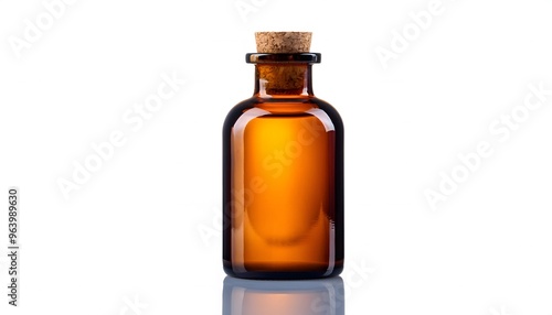 An amber-colored glass medicine bottle with a cork stopper, isolated on white