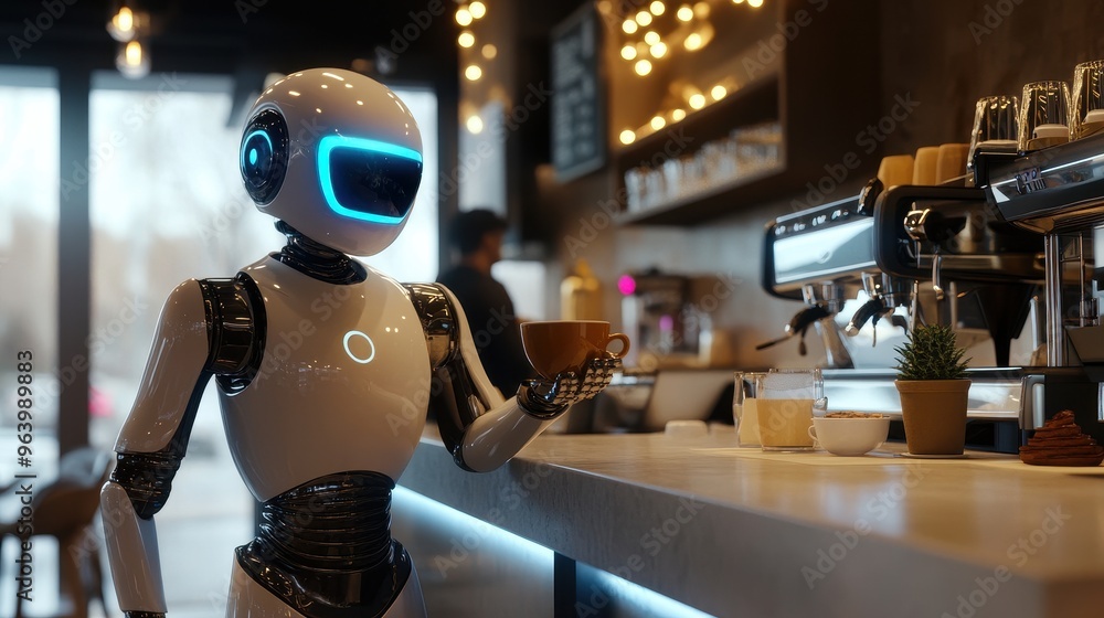 Futuristic Robot Barista Serving Coffee in a Modern Café with Advanced Technology and Ambient Lighting Futuristic Robot Barista Serving Coffee in a Modern Café with Advanced Technology and Ambient Lighting