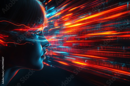 Electroencephalography corticospinal tract and neuropsychology woman’s face surrounded by digital red lines symbolizing the speed and interaction of data driven thought processing photo