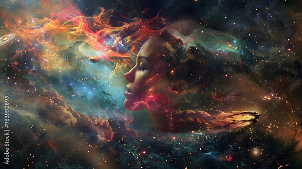 Fototapeta premium Cosmic Dream Woman's Face in a Starry Sky