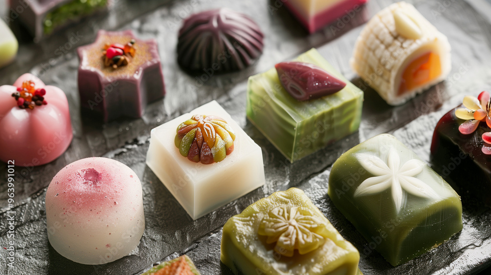 小豆と抹茶の味の和菓子のセレクション、精巧なディテ?ル1. 小豆と抹茶の味の和菓子のセレクション、精巧なディテ?ル1.