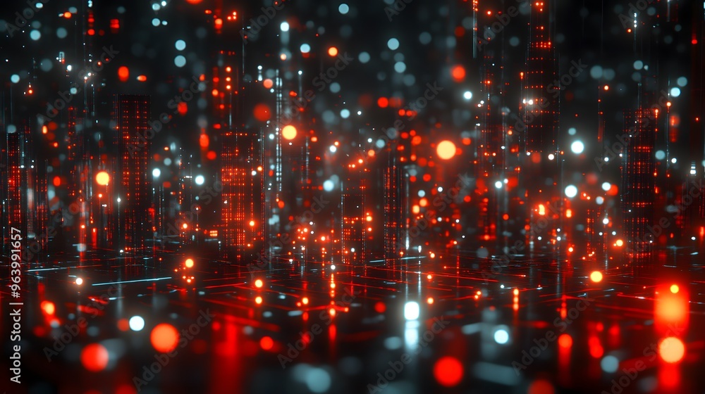 Abstract Digital Cityscape with Red and Blue Lights Abstract Digital Cityscape with Red and Blue Lights