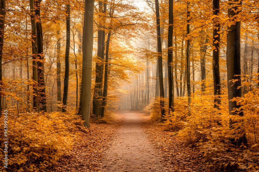 Fototapeta premium A tranquil autumn forest path surrounded by golden trees and bathed in soft morning light