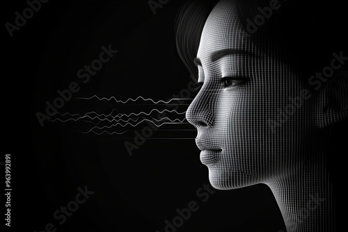 Working memory cognitive map and neurolinguistics woman with glowing sound waves emanating from face representing auditory perception and neural communication photo