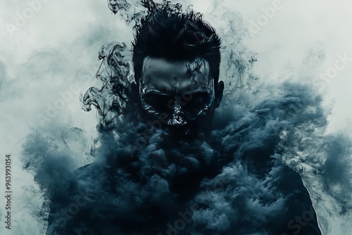 Cortical plasticity neuroinflammation and neurofeedback man shrouded in smoke representing mental confusion and inner turmoil symbolizing stress and cognitive tension photo