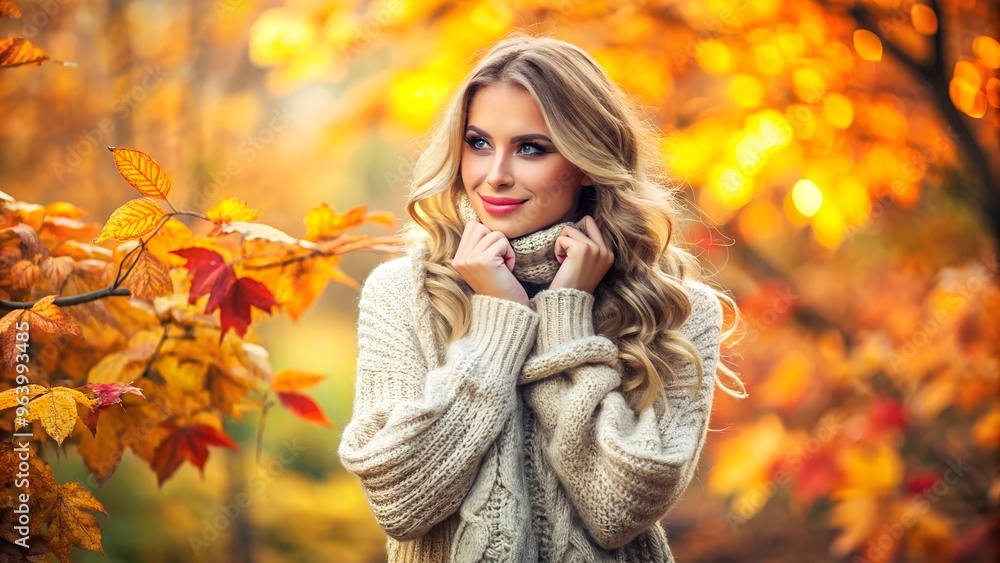 Autumn ambiance: Girl in cozy sweater standing against fall background, creating a warm and stylish composition perfect for seasonal fashion designs and lifestyle concepts. Autumn ambiance: Girl in cozy sweater standing against fall background, creating a warm and stylish composition perfect for seasonal fashion designs and lifestyle concepts.
