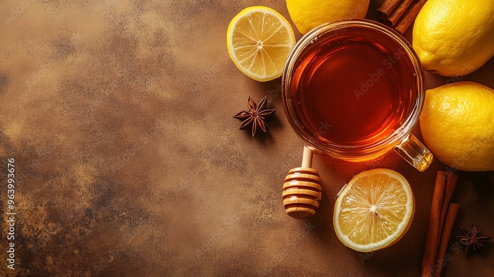 Black tea in glass served with lemons, honey, cinnamon on brown. Black tea in glass served with lemons, honey, cinnamon on brown.