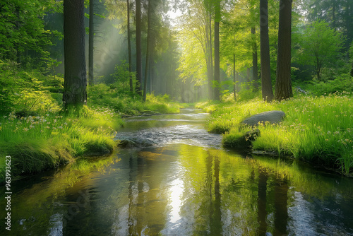 Serene forest with sunlight filtering through trees and a calm stream.