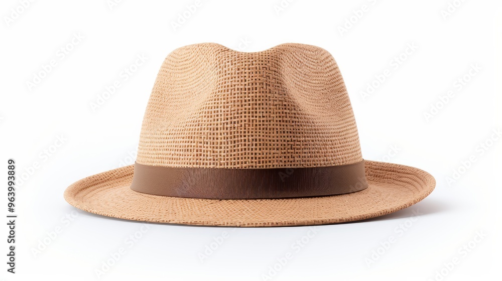 Stylish straw hat with a brown band on a white background, perfect for summer outings and beach days Stylish straw hat with a brown band on a white background, perfect for summer outings and beach days