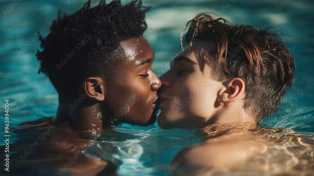 close up portrait, multiracial, young gay couple in swimming pool kissing, instagrammable photo, professional photo shoot. Couple with different ethnic background.
