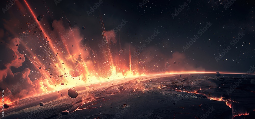 A fiery meteor strikes a planet, causing an intense explosion and leaving a trail of devastation. A fiery meteor strikes a planet, causing an intense explosion and leaving a trail of devastation.