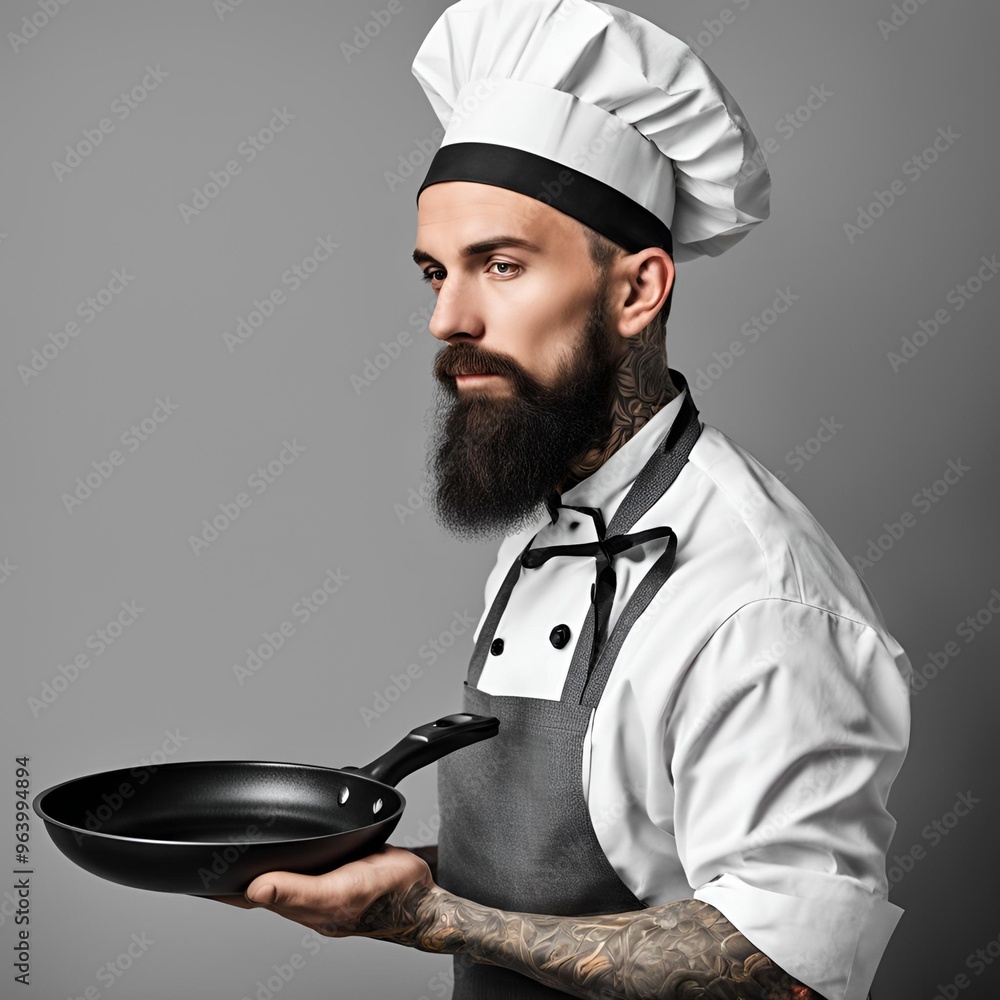 A bearded tattooed chef holding a frying pan, wearing a white chef hat and uniform with an apron, looking serious while standing against a plain grey background. A bearded tattooed chef holding a frying pan, wearing a white chef hat and uniform with an apron, looking serious while standing against a plain grey background.