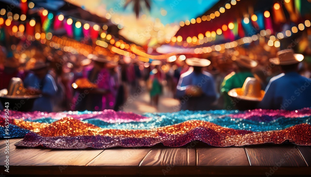 Colorful fabric draped over a wooden table with a festival background
Colorful fabric draped over a wooden table with a festival background