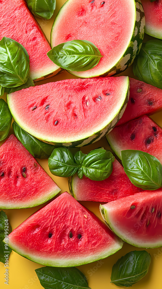 Watermelon slices garnished with basil leaves Watermelon slices garnished with basil leaves