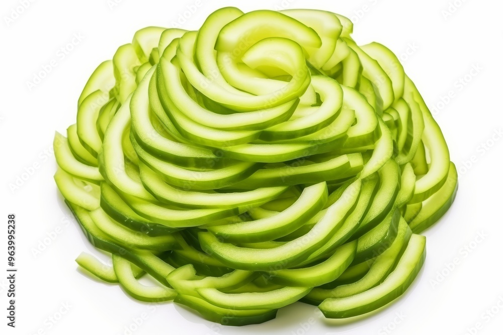 Freshly sliced cucumbers arranged in a spiral pattern on a clean white background Freshly sliced cucumbers arranged in a spiral pattern on a clean white background