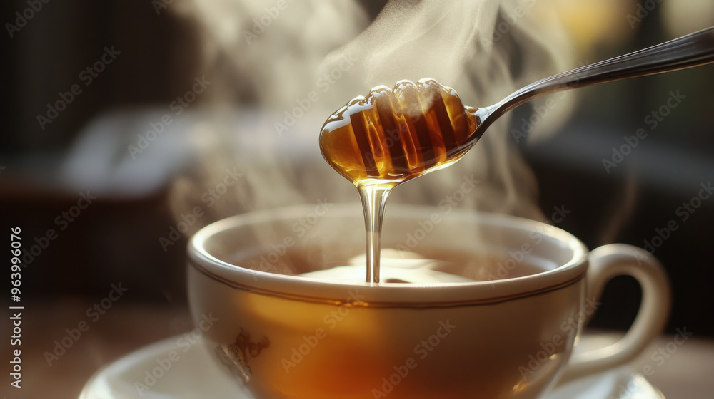 A spoonful of honey dripping slowly into a cup of hot tea, with steam swirling around. A spoonful of honey dripping slowly into a cup of hot tea, with steam swirling around.