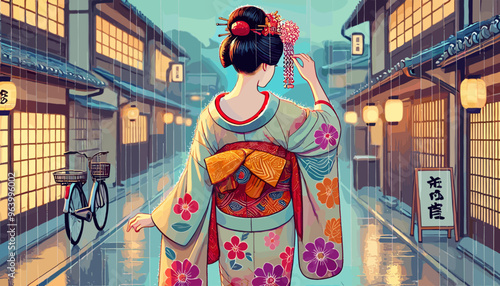 Drizzling rain and maiko in Gion. Vector illustration.