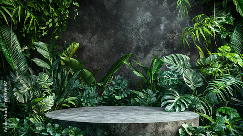 stone podium with lush green ferns and tropical jungle theme, Pedestal stage for eco-friendly product presentation photo