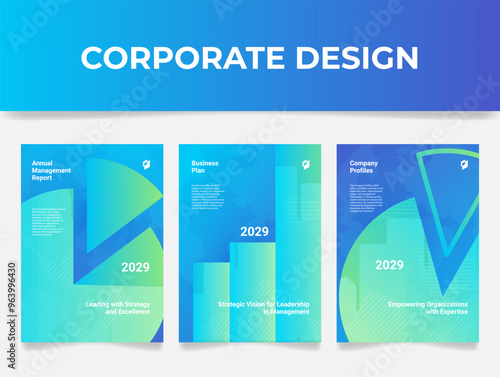 Corporate design cover templates covering topics on management strategy, business planning and organizational empowerment, highlighting modern visuals and professional layouts.
