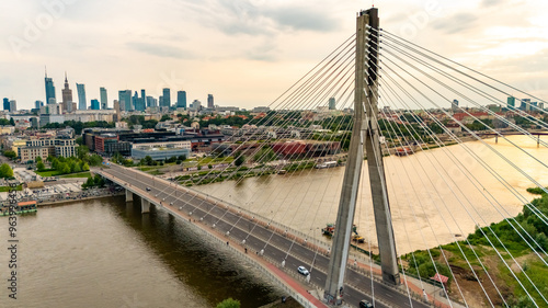 panoramic aerial view of Warsaw city at sunset in summer over the river