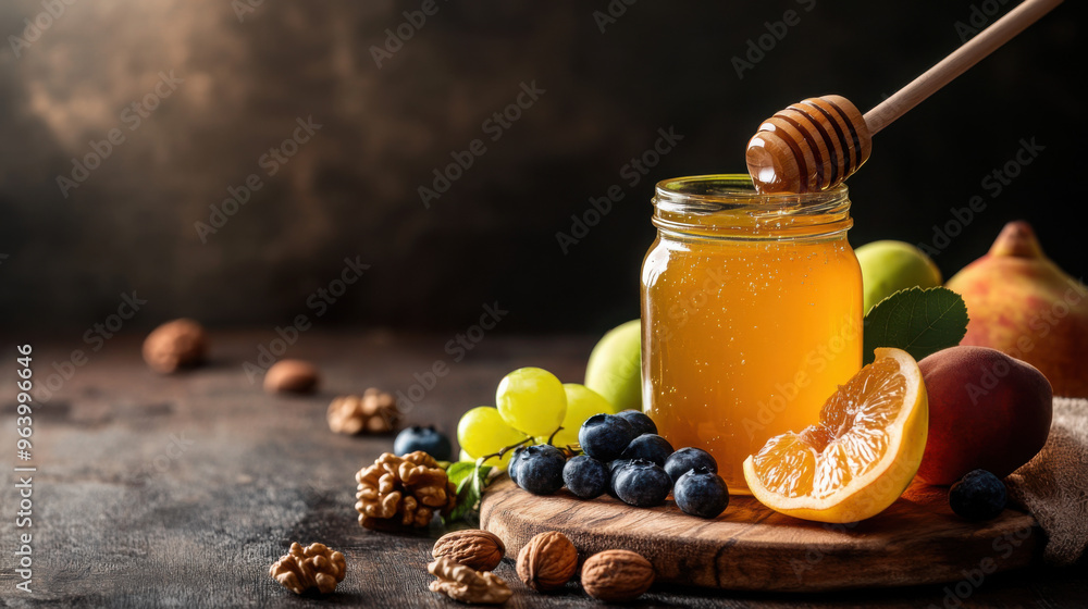 A jar of honey with a dipper, surrounded by fresh fruits and nuts on a wooden table. A jar of honey with a dipper, surrounded by fresh fruits and nuts on a wooden table.